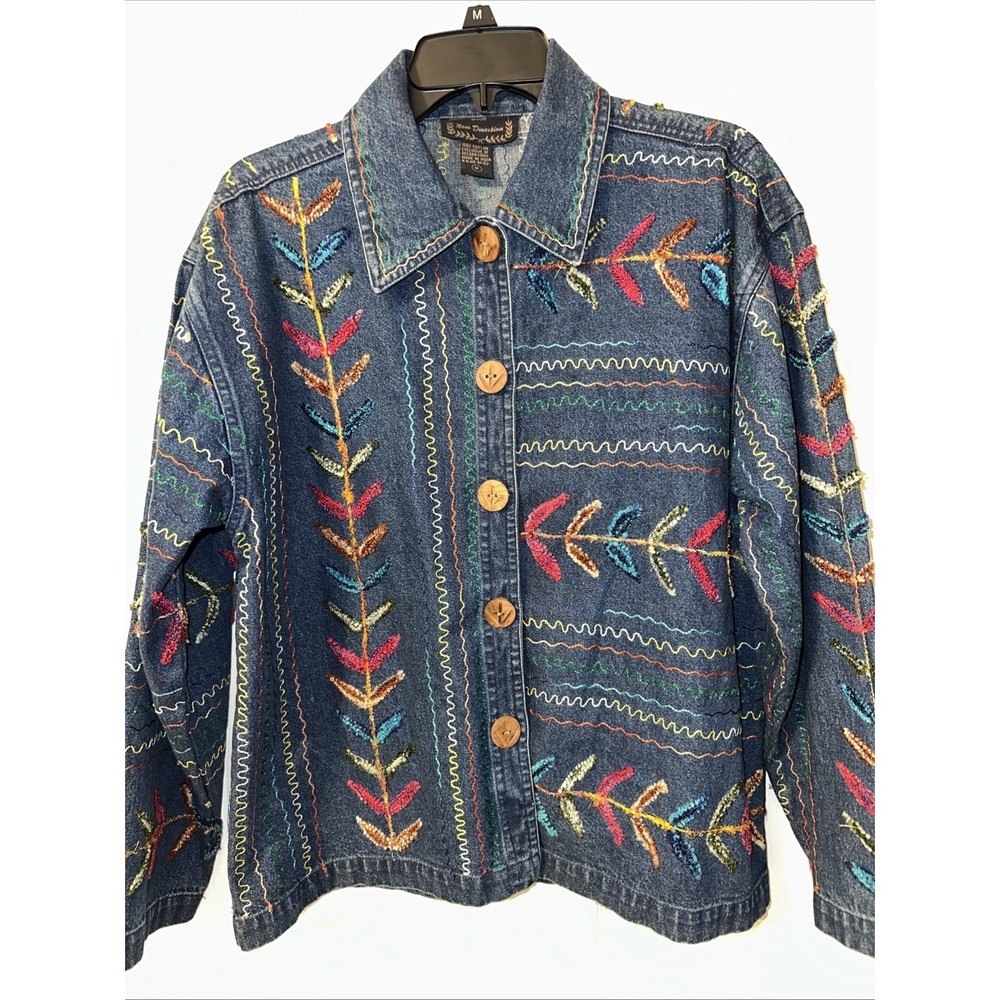 VTG NEW DIRECTION Blue Denim FLORAL EMBROIDERED Button-Up JEAN JACKET Sz M